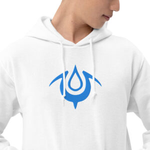Fire Emblem Hoodie close-up featuring the red Brand of the Exalt crest embroidered on a white hoodie.