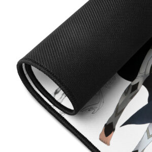 Fire Emblem Desk Mat Corrin design, rolled view showing non-slip black backing and stitched edges.