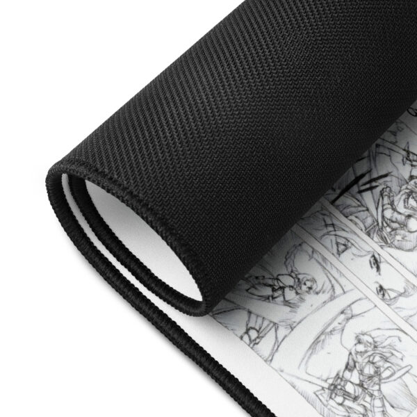 Fire Emblem Desk Mat rolled view showing detailed Ike art and durable stitched edges.