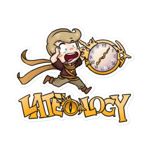 FEHology Sticker featuring Joel as a chibi character running with a clock, Lateology design