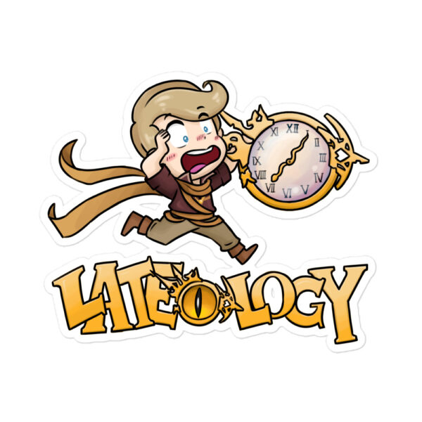 FEHology Sticker featuring Joel as a chibi character running with a clock, Lateology design