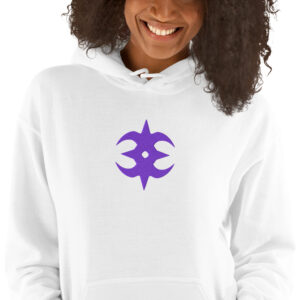 Fire Emblem Hoodie with the purple Nohr emblem from Fates embroidered on a white unisex hoodie.