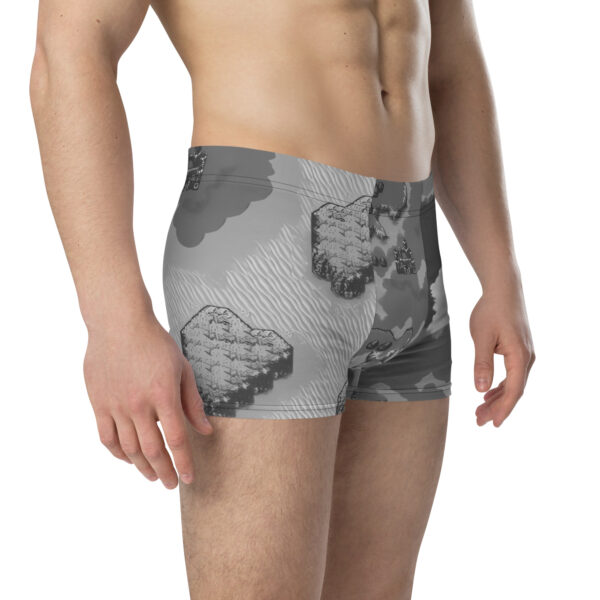 Fire Emblem Boxer Briefs showing grayscale map print with Sigurd’s Remake art, left-side view.