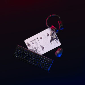 Fire Emblem Desk Mat 12x18 Corrin concept art in gaming setup with RGB keyboard and mouse.