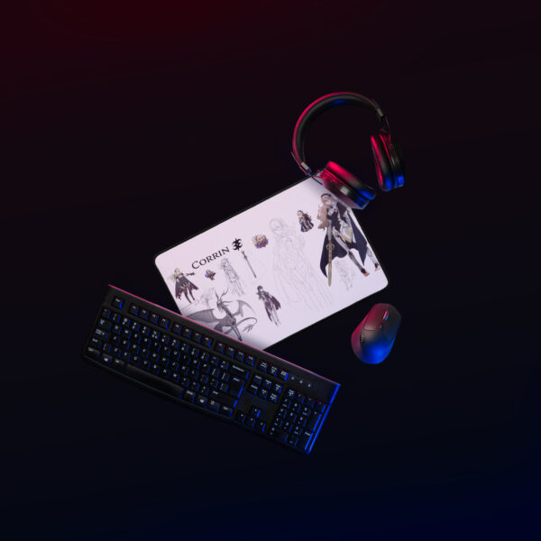Fire Emblem Desk Mat 12x18 Corrin concept art in gaming setup with RGB keyboard and mouse.