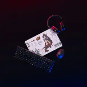 Fire Emblem Desk Mat illuminated gaming setup with Lyn concept art