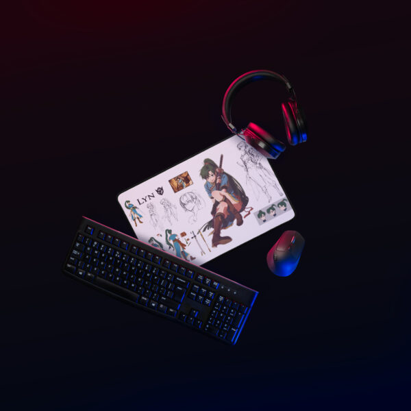 Fire Emblem Desk Mat illuminated gaming setup with Lyn concept art