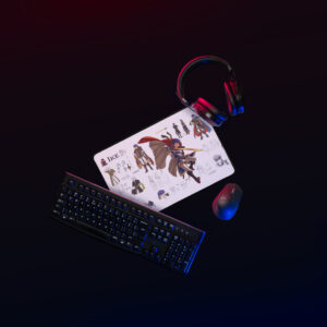 Fire Emblem Desk Mat with Ike on gaming setup, keyboard and headset included.