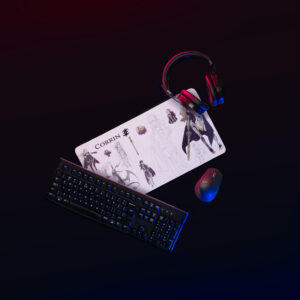 Fire Emblem Desk Mat 12x22 Corrin design in illuminated desk setup with headset, keyboard, and mouse.