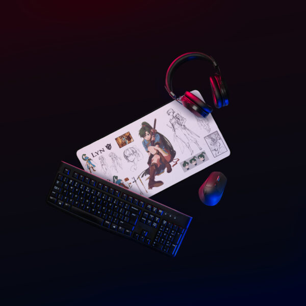 Fire Emblem Desk Mat setup with keyboard and mouse glowing Lyn design