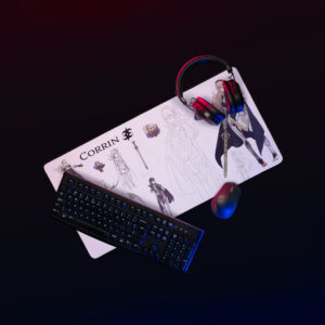 Fire Emblem Desk Mat 16x32 Corrin Fates concept art showcased in full gaming station layout.
