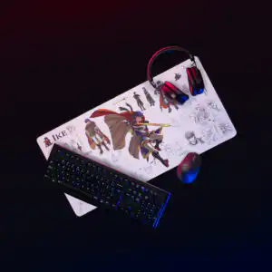 Fire Emblem Desk Mat showing Ike concept art glowing under RGB gaming lights.