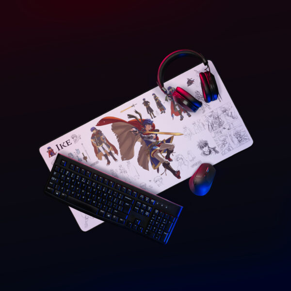 Fire Emblem Desk Mat showing Ike concept art glowing under RGB gaming lights.
