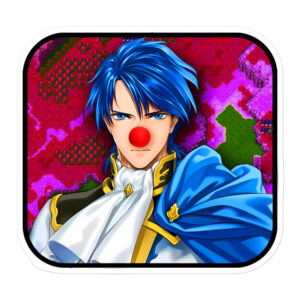 Fire Emblem Sticker featuring Sigurd with a clown nose, parodying the endless FE4 remake rumors.