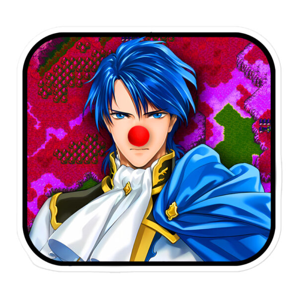 Fire Emblem Sticker featuring Sigurd with a clown nose, parodying the endless FE4 remake rumors.