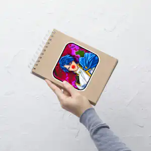 Fire Emblem Sticker of Sigurd with clown nose on a large notebook, close-up view.