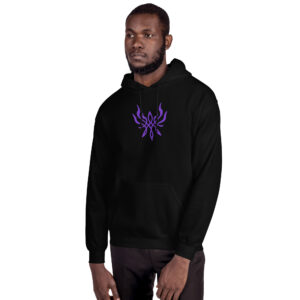 Fire Emblem Hoodie with the Crest of Flames emblem embroidered on a black unisex hoodie, modeled by a man.