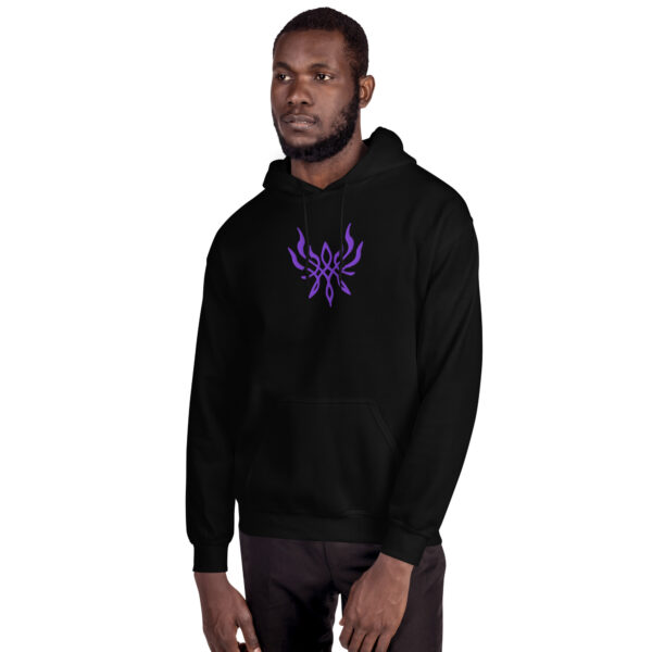 Fire Emblem Hoodie with the Crest of Flames emblem embroidered on a black unisex hoodie, modeled by a man.