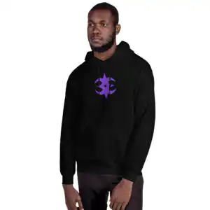 Fire Emblem Hoodie in black featuring the Nohr crest, modeled by a man standing casually.