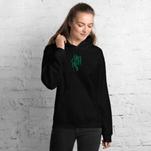Fire Emblem Hoodie featuring the Heron Brand crest in green embroidery on a black unisex hoodie, modeled by a woman.