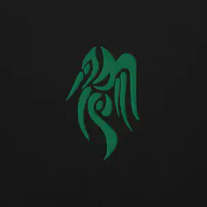 Fire Emblem Hoodie close-up of the green Heron Brand embroidered crest on black fabric.