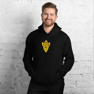 Fire Emblem Hoodie in black with Askran Seal emblem, styled casually with hands in pocket.