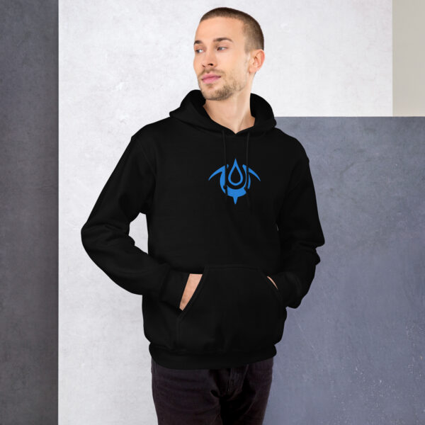 Fire Emblem Hoodie in black with the Mark of the Exalt emblem, modeled by a man standing against a gray background.