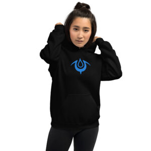Fire Emblem Hoodie in black featuring the embroidered Mark of the Exalt, worn by a female model with hands in hood.
