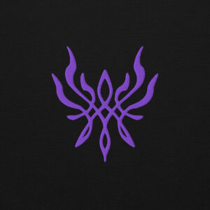 Fire Emblem Hoodie close-up of the Crest of Flames embroidery in purple thread on black fabric.