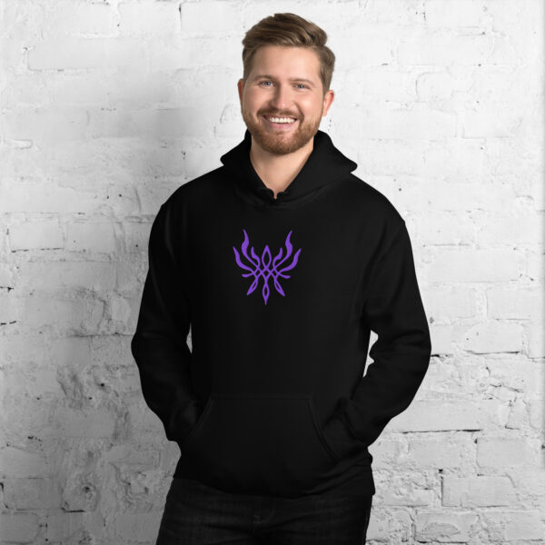 Fire Emblem Hoodie featuring the Crest of Flames symbol embroidered in purple thread on a black unisex hoodie, modeled by a man.