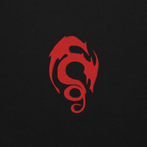 Fire Emblem Hoodie close-up of the Loptous Tome embroidered crest in red thread on black fabric.