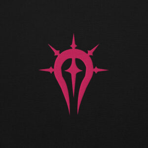 Fire Emblem Hoodie close-up of the pink embroidered Duma Faithful crest on black fabric.