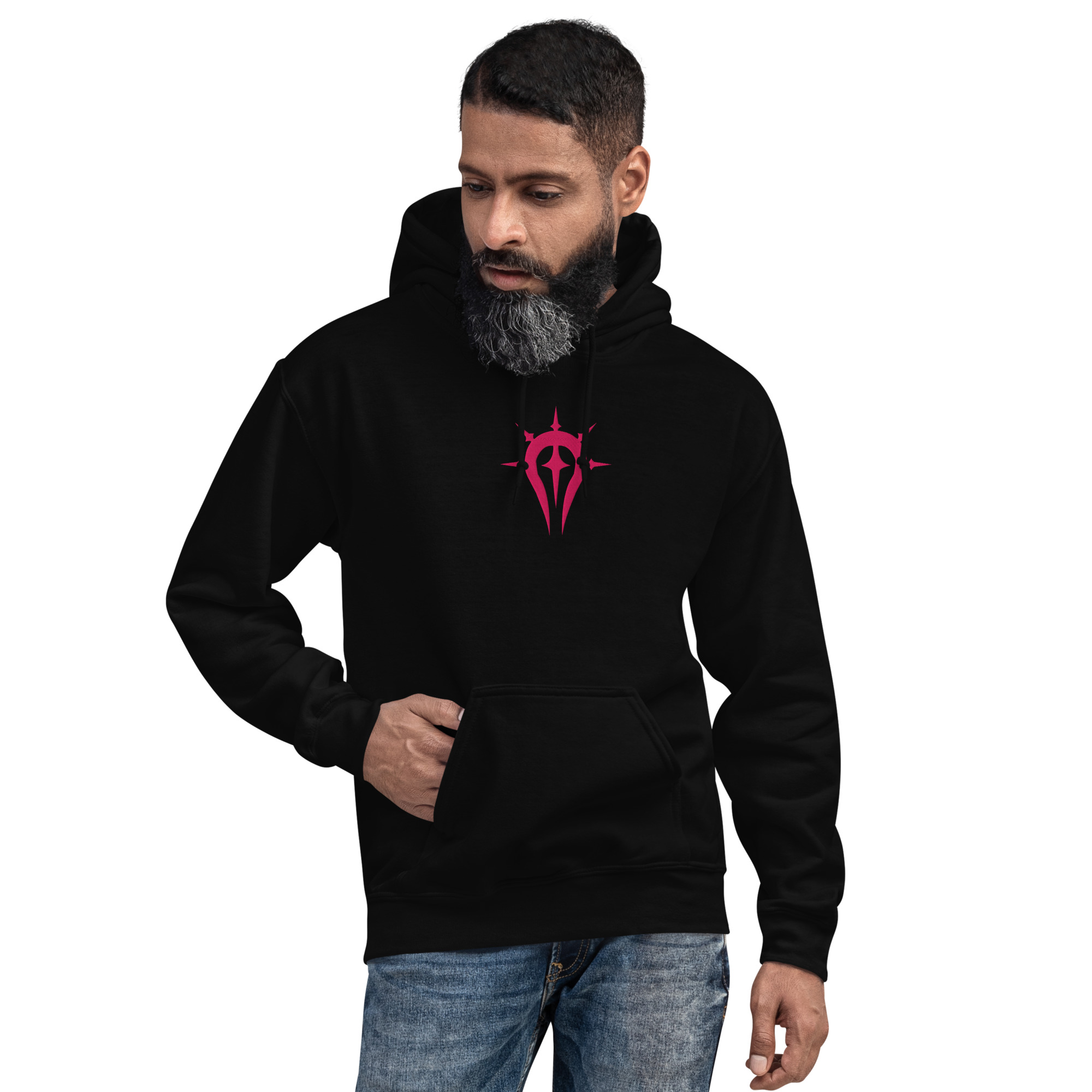 Duma Faithful - Unisex Embroidered Hoodie Fire Emblem Hoodie showing pink Duma Faithful design on a black hoodie, modeled by a man adjusting the hood.