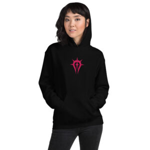 Duma Faithful - Unisex Embroidered Hoodie Fire Emblem Hoodie with pink embroidered Duma Faithful crest on a white hoodie, modeled by a woman with hands in pockets.