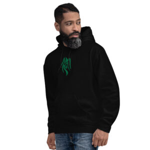 Fire Emblem Hoodie featuring the green Heron Brand crest embroidered on a black unisex hoodie, modeled by a man.