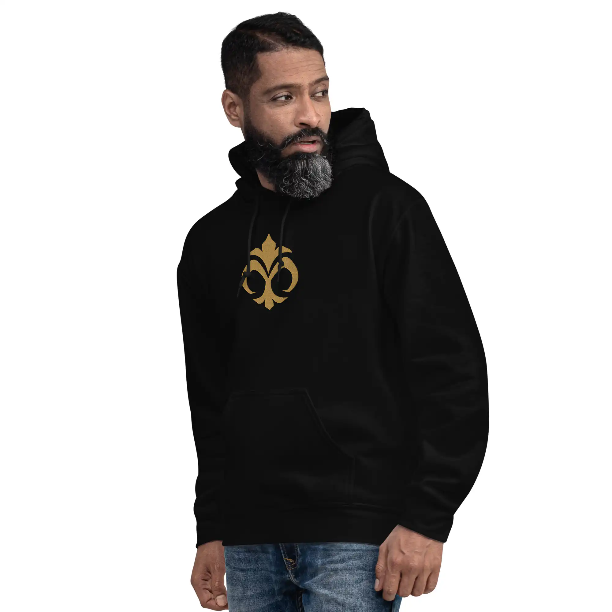 Emblem of Mila - Embroidered Unisex Hoodie Fire Emblem Hoodie with Emblem of Mila design, modeled in black.