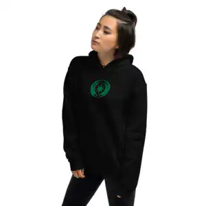 Fire Emblem Hoodie with Revelation emblem worn by woman in black unisex hoodie.