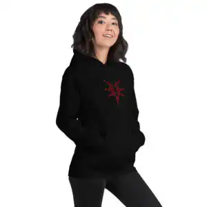 Fire Emblem Hoodie in black showcasing Grimleal insignia from Fire Emblem Awakening, modeled by woman standing casually.