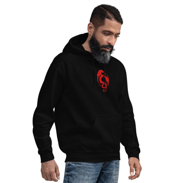 Fire Emblem Hoodie featuring the red embroidered Loptous Tome design from FE4, modeled in black.
