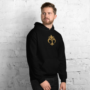 Emblem of Mila - Embroidered Unisex Hoodie Fire Emblem Hoodie with golden Emblem of Mila, modeled in black.