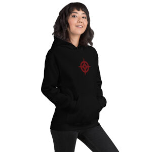 Hoshido - Unisex Embroidered Hoodie Fire Emblem Hoodie with Hoshido emblem, female model wearing black hoodie with hands in pockets.