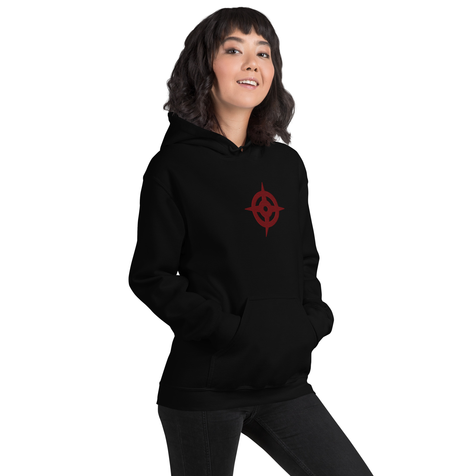 Hoshido - Unisex Embroidered Hoodie Fire Emblem Hoodie with Hoshido emblem, female model wearing black hoodie with hands in pockets.