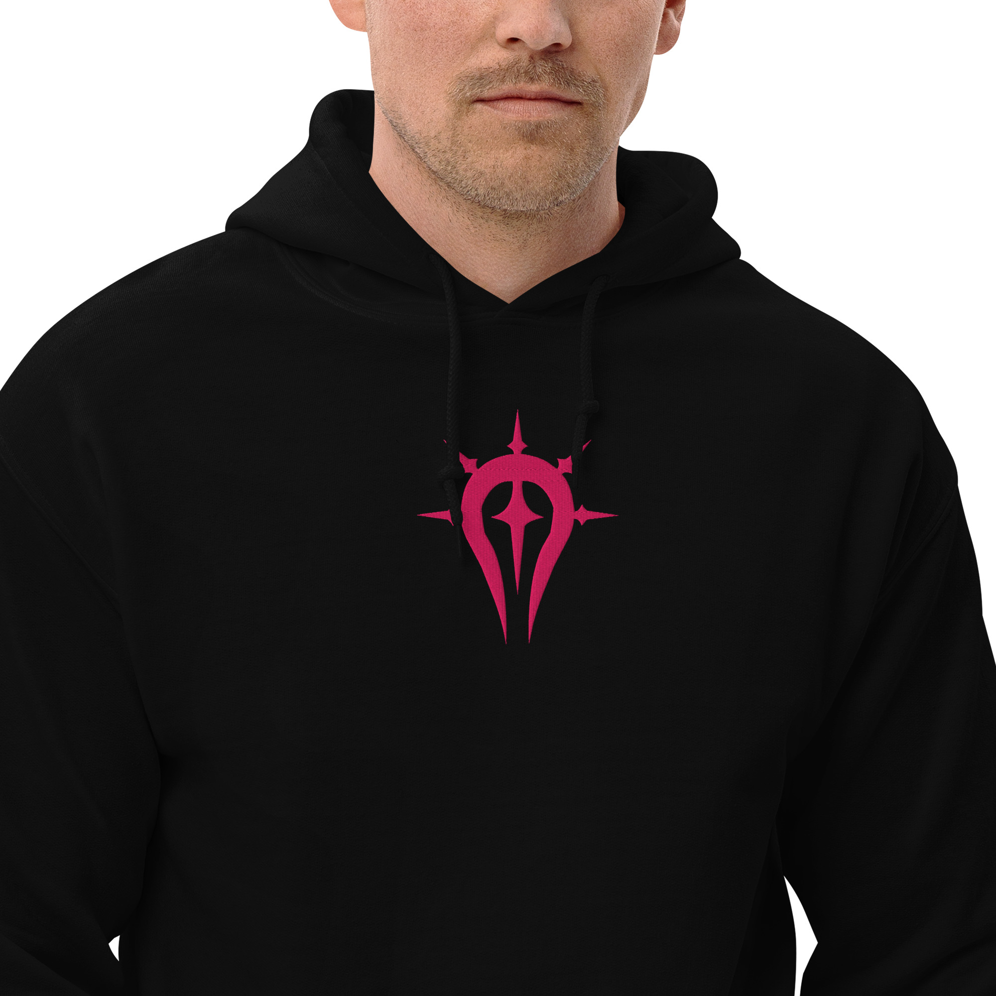 Duma Faithful - Unisex Embroidered Hoodie Fire Emblem Hoodie with pink Duma Faithful symbol on a black hoodie, modeled by a man from the chest up.