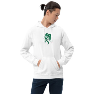 Fire Emblem Hoodie with the Heron Brand crest embroidered in green on a white unisex hoodie, modeled by a man.