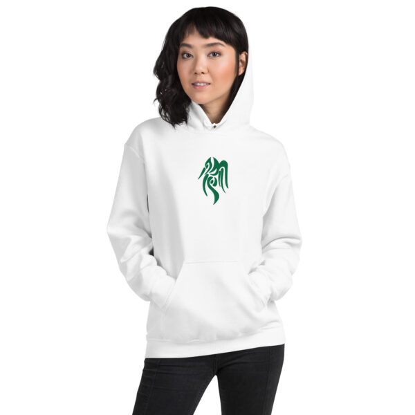 Fire Emblem Hoodie showcasing the Heron Brand crest in green embroidery on a white unisex hoodie, modeled by a woman.