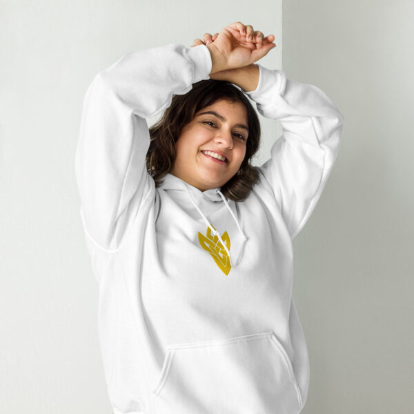 Fire Emblem Hoodie in white with Askran Seal, arms raised in cozy fit.