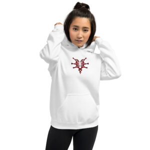 Fire Emblem Hoodie in white embroidered with the Grimleal crest, modeled by woman adjusting the hood.