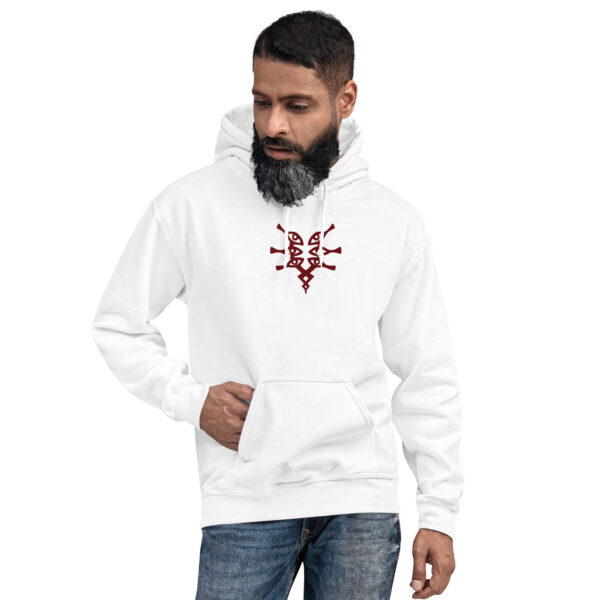 Fire Emblem Hoodie in white with bold red Grimleal design from Fire Emblem Awakening, worn by man with beard.