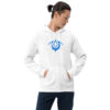 Fire Emblem Hoodie in white with the Mark of the Exalt crest embroidered on the chest, modeled by a man looking down.