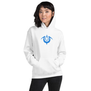 Fire Emblem Hoodie in white with the Mark of the Exalt crest, modeled by a woman smiling casually.
